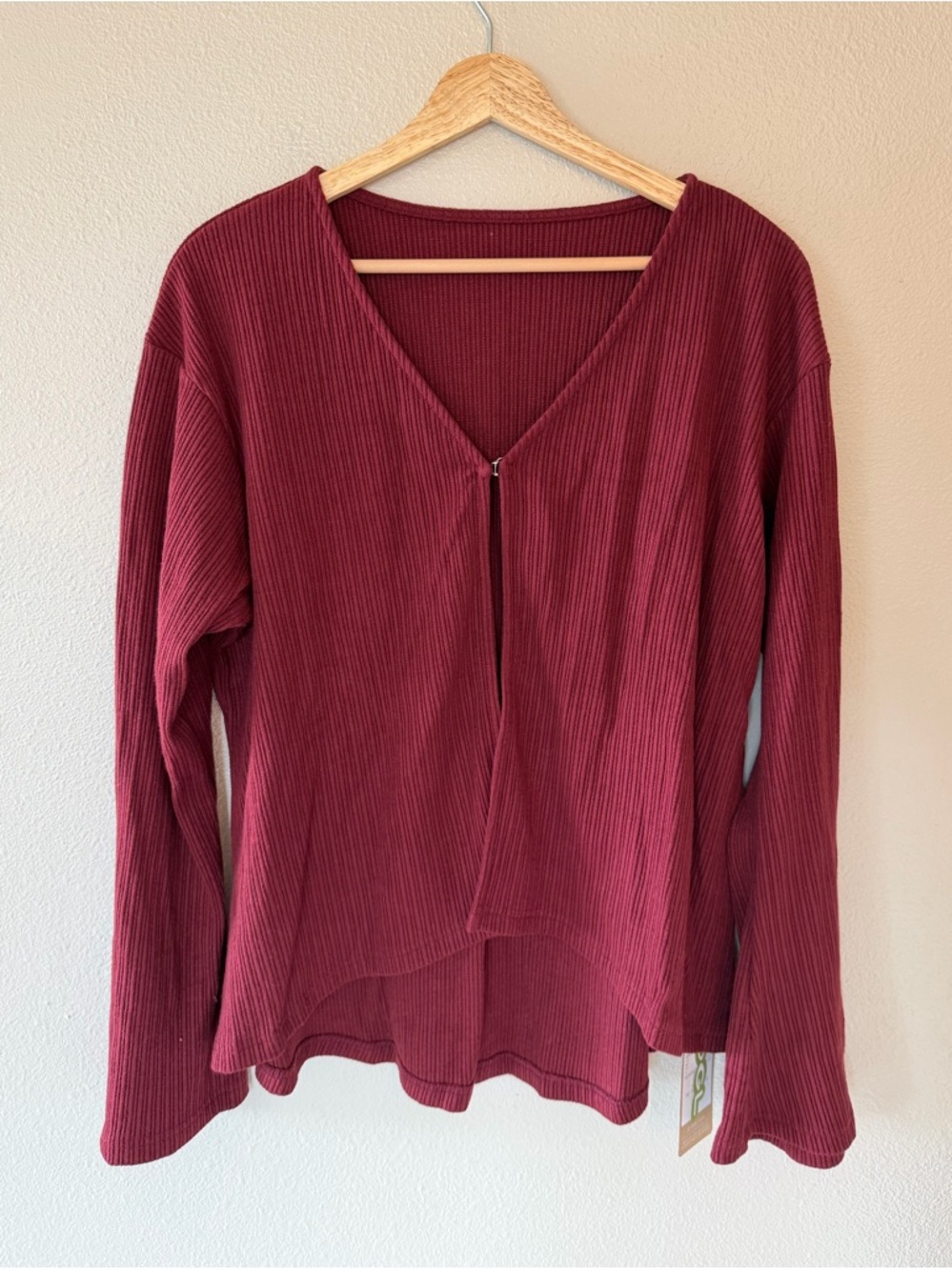 NWT OGL Jacquard Thermal Ribbed Flare Sleeve Front Hook Cardigan Burgundy XL